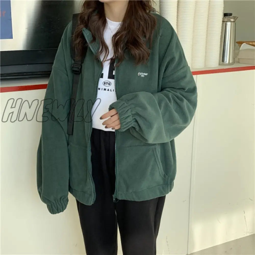 Women Zipper Pocket Jackets Letter Printed Long Sleeve Loose Lapel Jackets Plus Velvet Casual Autumn Winter Street Sweatshirts