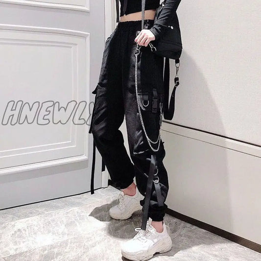 Women's Cargo Pants Buckle Ribbon Pocket Jogger Elastic Waist High Hip Hop Streetwear Harajuku Pant Chain Females Trousers