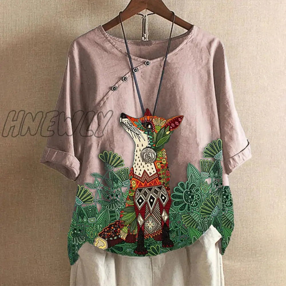 Womens Fox Printed Shirt Lady Loose Blouse Single-breasted Casual Loose Buttontop Linen Plus Size Boho Tanic Shirt Blouse #g2