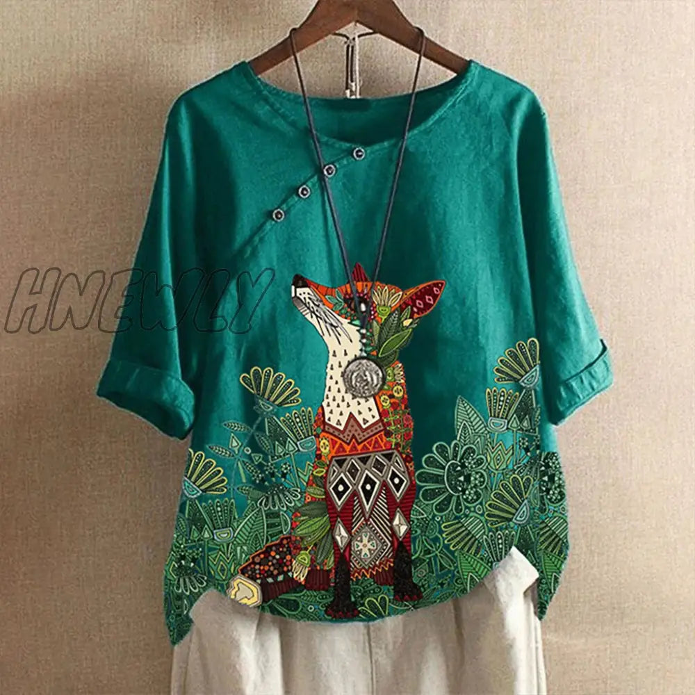 Womens Fox Printed Shirt Lady Loose Blouse Single-breasted Casual Loose Buttontop Linen Plus Size Boho Tanic Shirt Blouse #g2