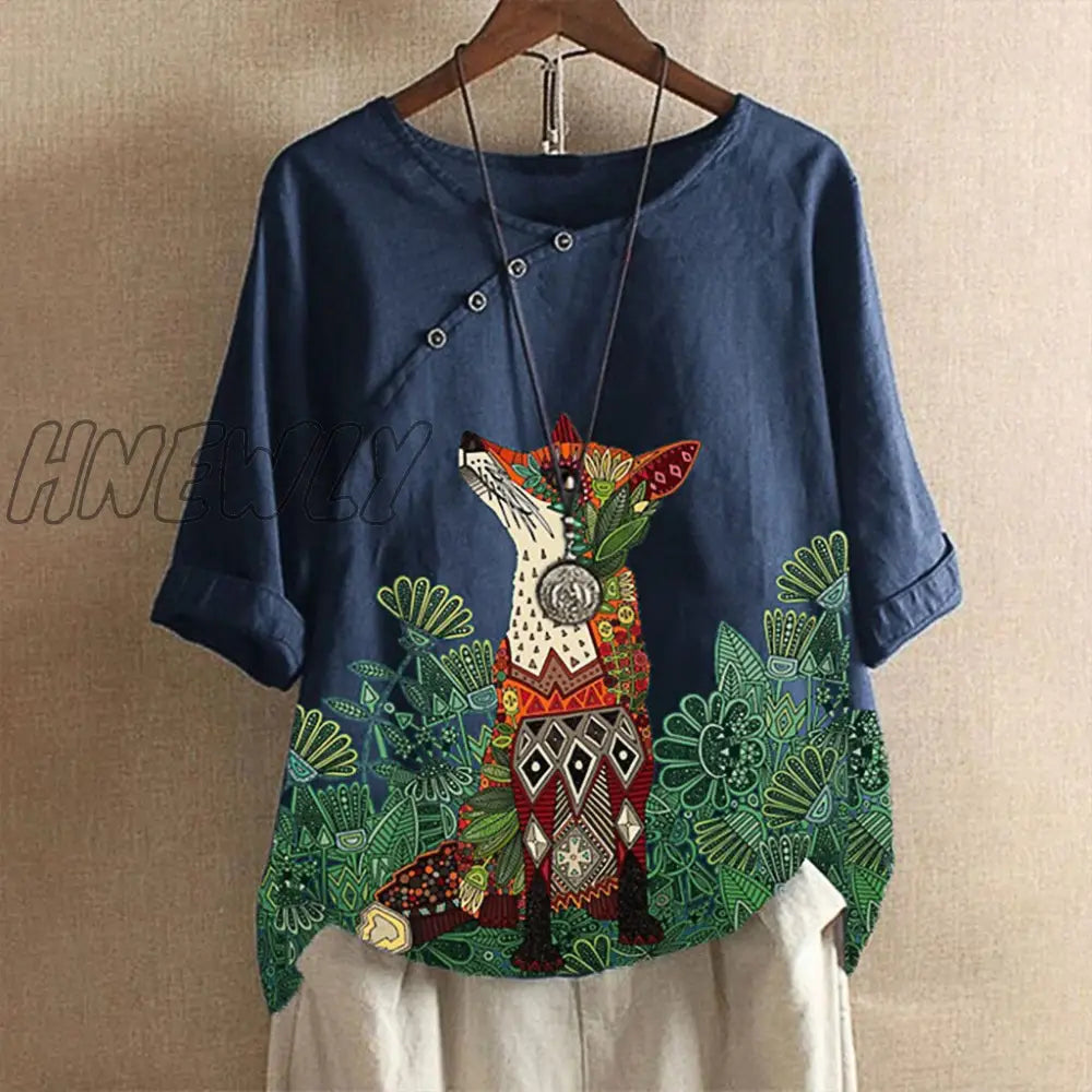 Womens Fox Printed Shirt Lady Loose Blouse Single-breasted Casual Loose Buttontop Linen Plus Size Boho Tanic Shirt Blouse #g2