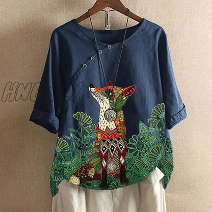 Womens Fox Printed Shirt Lady Loose Blouse Single-breasted Casual Loose Buttontop Linen Plus Size Boho Tanic Shirt Blouse #g2