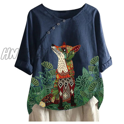 Womens Fox Printed Shirt Lady Loose Blouse Single-breasted Casual Loose Buttontop Linen Plus Size Boho Tanic Shirt Blouse #g2