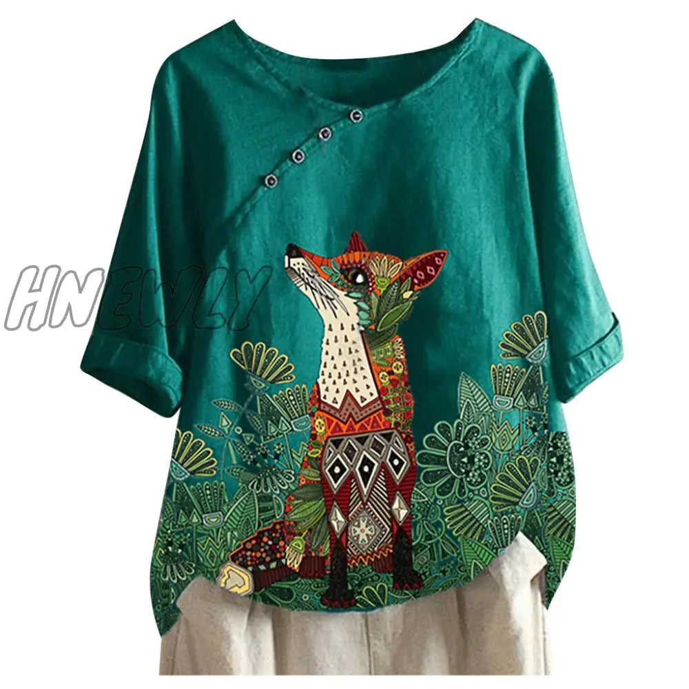 Womens Fox Printed Shirt Lady Loose Blouse Single-breasted Casual Loose Buttontop Linen Plus Size Boho Tanic Shirt Blouse #g2