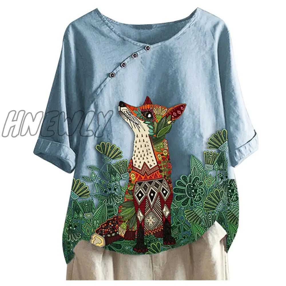 Womens Fox Printed Shirt Lady Loose Blouse Single-breasted Casual Loose Buttontop Linen Plus Size Boho Tanic Shirt Blouse #g2