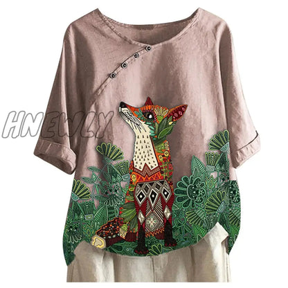 Womens Fox Printed Shirt Lady Loose Blouse Single-breasted Casual Loose Buttontop Linen Plus Size Boho Tanic Shirt Blouse #g2