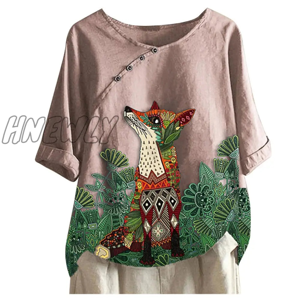 Womens Fox Printed Shirt Lady Loose Blouse Single-breasted Casual Loose Buttontop Linen Plus Size Boho Tanic Shirt Blouse #g2