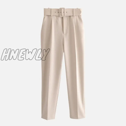 Women's Pants High Waist With Belt Classic Pockets Office Lady Ankle-length Trousers Female Spring Fashion Pink Harem Pants