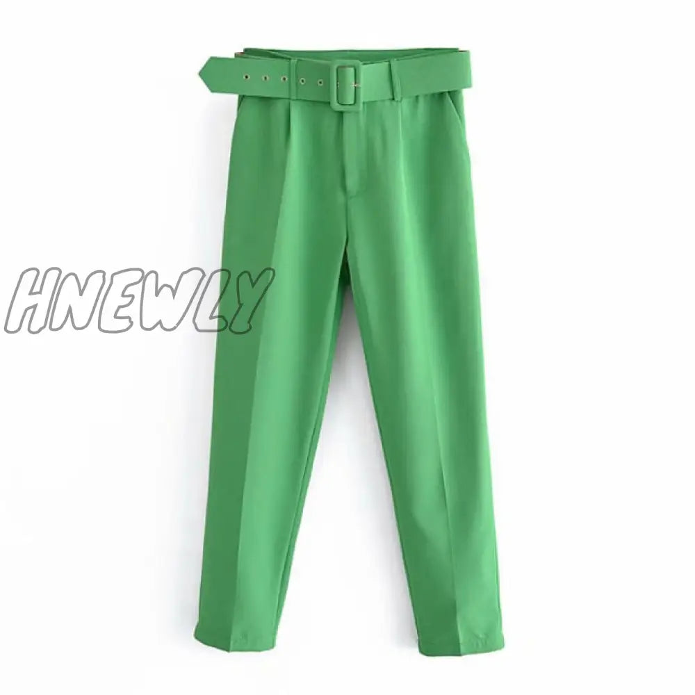 Women's Pants High Waist With Belt Classic Pockets Office Lady Ankle-length Trousers Female Spring Fashion Pink Harem Pants