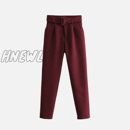 Women's Pants High Waist With Belt Classic Pockets Office Lady Ankle-length Trousers Female Spring Fashion Pink Harem Pants