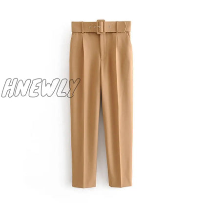 Women's Pants High Waist With Belt Classic Pockets Office Lady Ankle-length Trousers Female Spring Fashion Pink Harem Pants