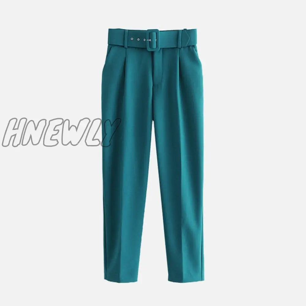 Women's Pants High Waist With Belt Classic Pockets Office Lady Ankle-length Trousers Female Spring Fashion Pink Harem Pants