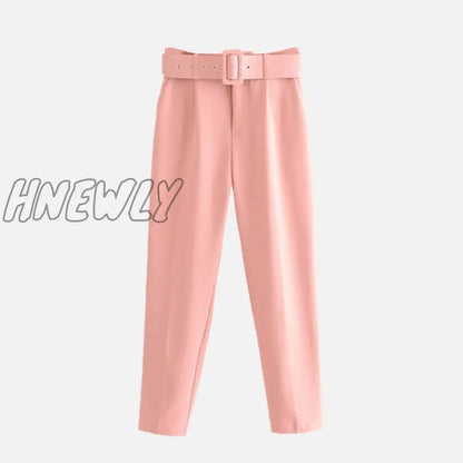 Women's Pants High Waist With Belt Classic Pockets Office Lady Ankle-length Trousers Female Spring Fashion Pink Harem Pants