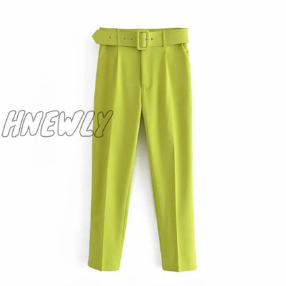 Women's Pants High Waist With Belt Classic Pockets Office Lady Ankle-length Trousers Female Spring Fashion Pink Harem Pants