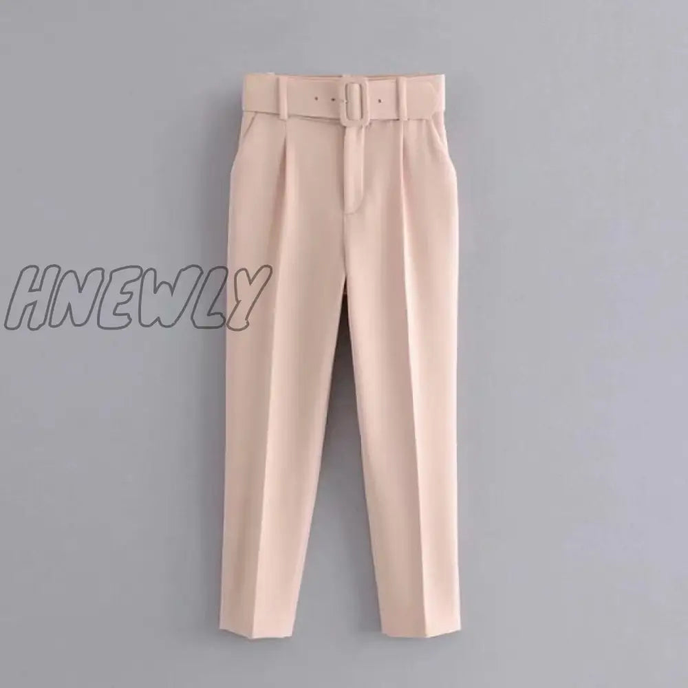 Women's Pants High Waist With Belt Classic Pockets Office Lady Ankle-length Trousers Female Spring Fashion Pink Harem Pants