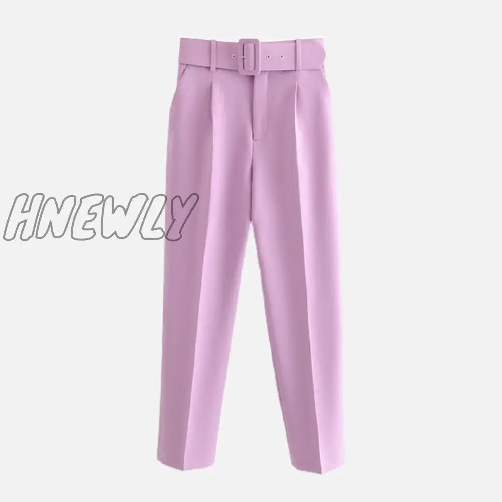 Women's Pants High Waist With Belt Classic Pockets Office Lady Ankle-length Trousers Female Spring Fashion Pink Harem Pants