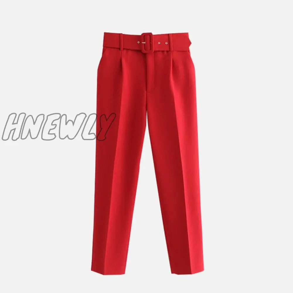 Women's Pants High Waist With Belt Classic Pockets Office Lady Ankle-length Trousers Female Spring Fashion Pink Harem Pants