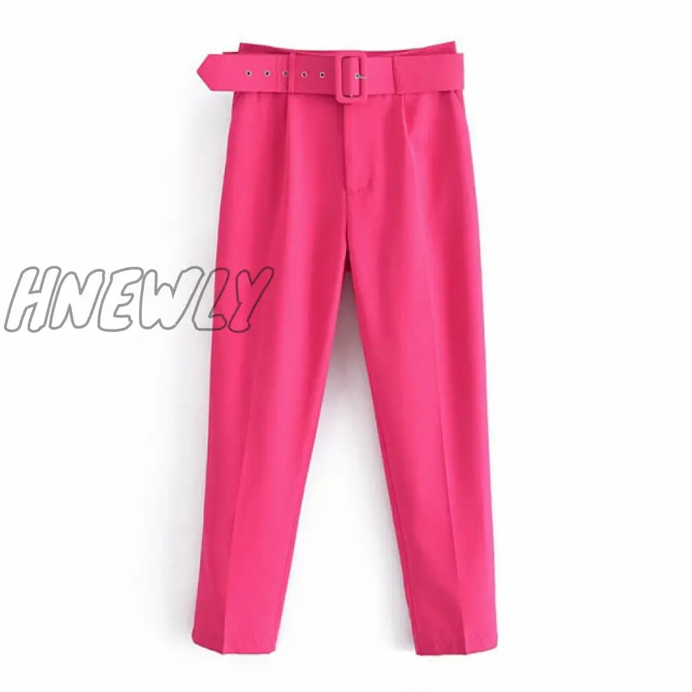 Women's Pants High Waist With Belt Classic Pockets Office Lady Ankle-length Trousers Female Spring Fashion Pink Harem Pants