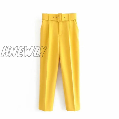 Women's Pants High Waist With Belt Classic Pockets Office Lady Ankle-length Trousers Female Spring Fashion Pink Harem Pants