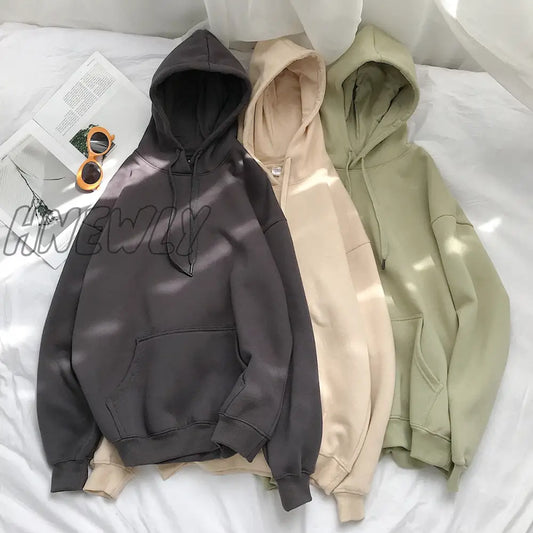 Women's Solid Color Sweatshirts Drawstring Casual Full Sleeve Hooded Pullovers Autumn Winter Pocket Loose Hoodies