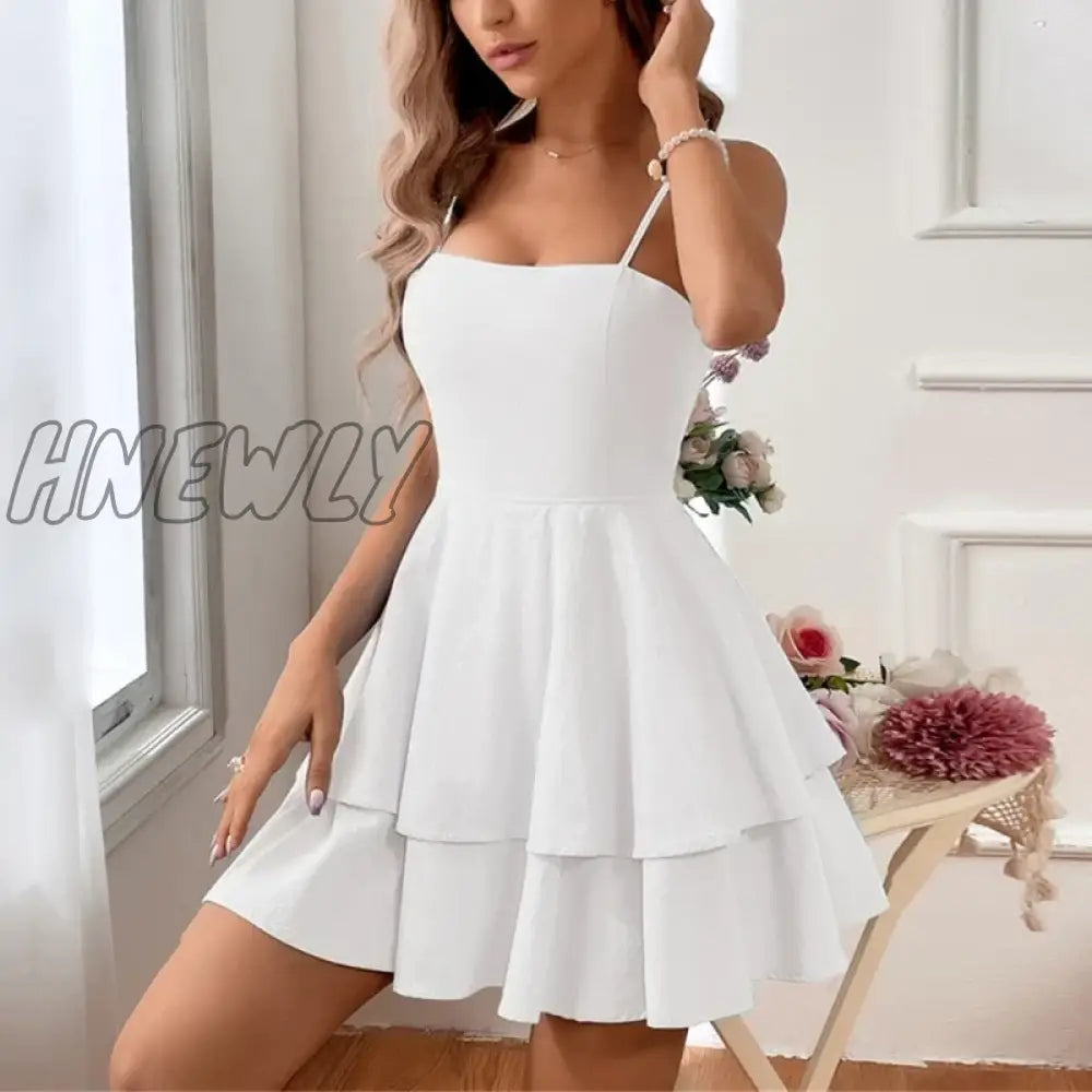 Womens Spaghetti Strap Solid Summer Tie Back Mini Dresses Sexy Square Neck Backless Ruffle Hem Swing Flowy Dress