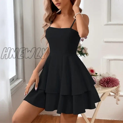 Womens Spaghetti Strap Solid Summer Tie Back Mini Dresses Sexy Square Neck Backless Ruffle Hem Swing Flowy Dress