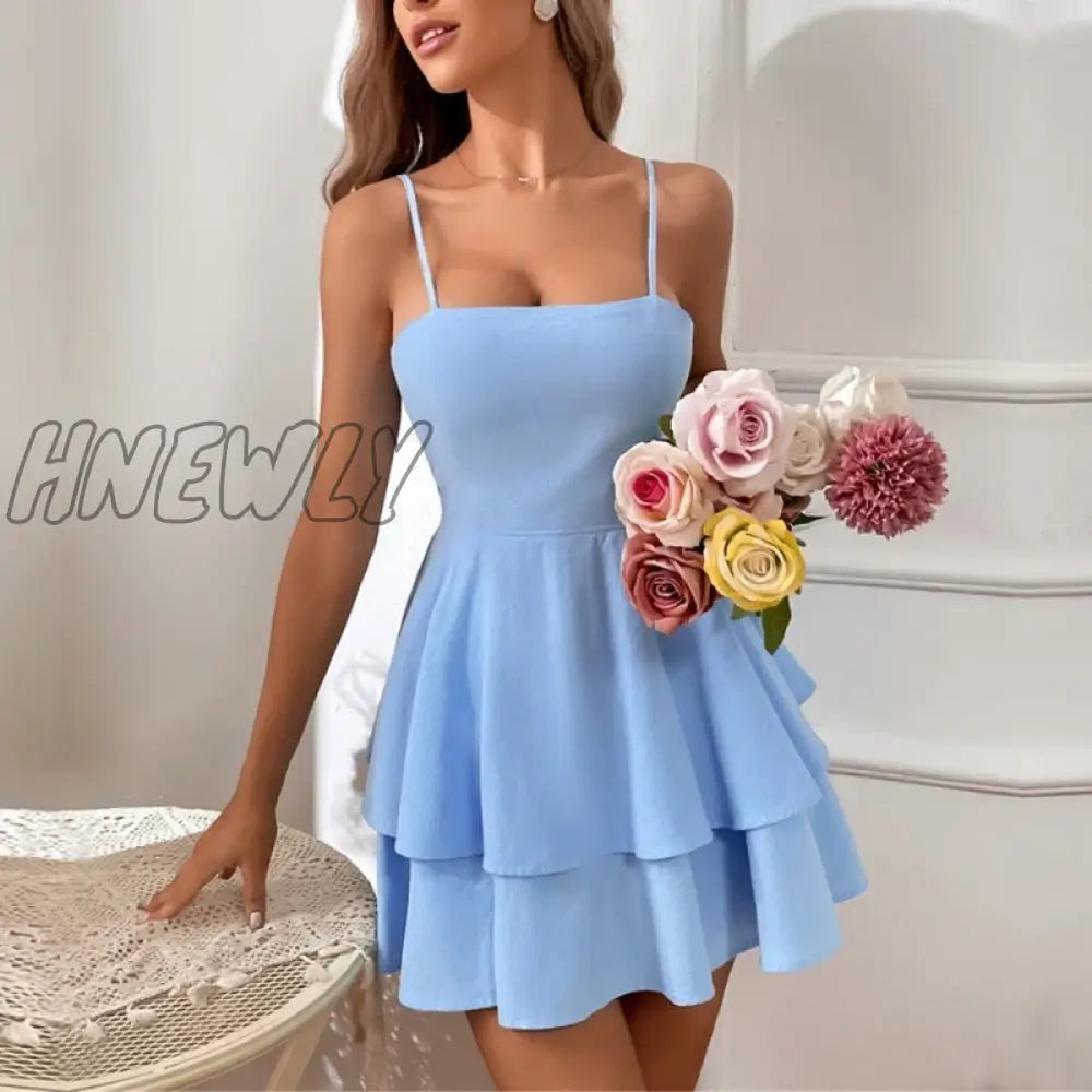 Womens Spaghetti Strap Solid Summer Tie Back Mini Dresses Sexy Square Neck Backless Ruffle Hem Swing Flowy Dress