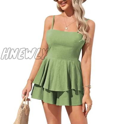 Womens Spaghetti Strap Solid Summer Tie Back Mini Dresses Sexy Square Neck Backless Ruffle Hem Swing Flowy Dress