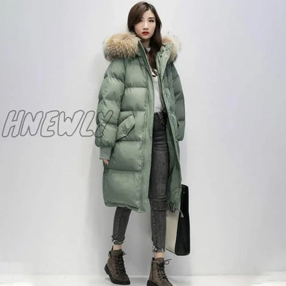 Women's Winter Long Puffer Jacket Padded Korean Style Large Faux Fur Collar Hooded Thicken Parka Warm Loose Women Down Coat