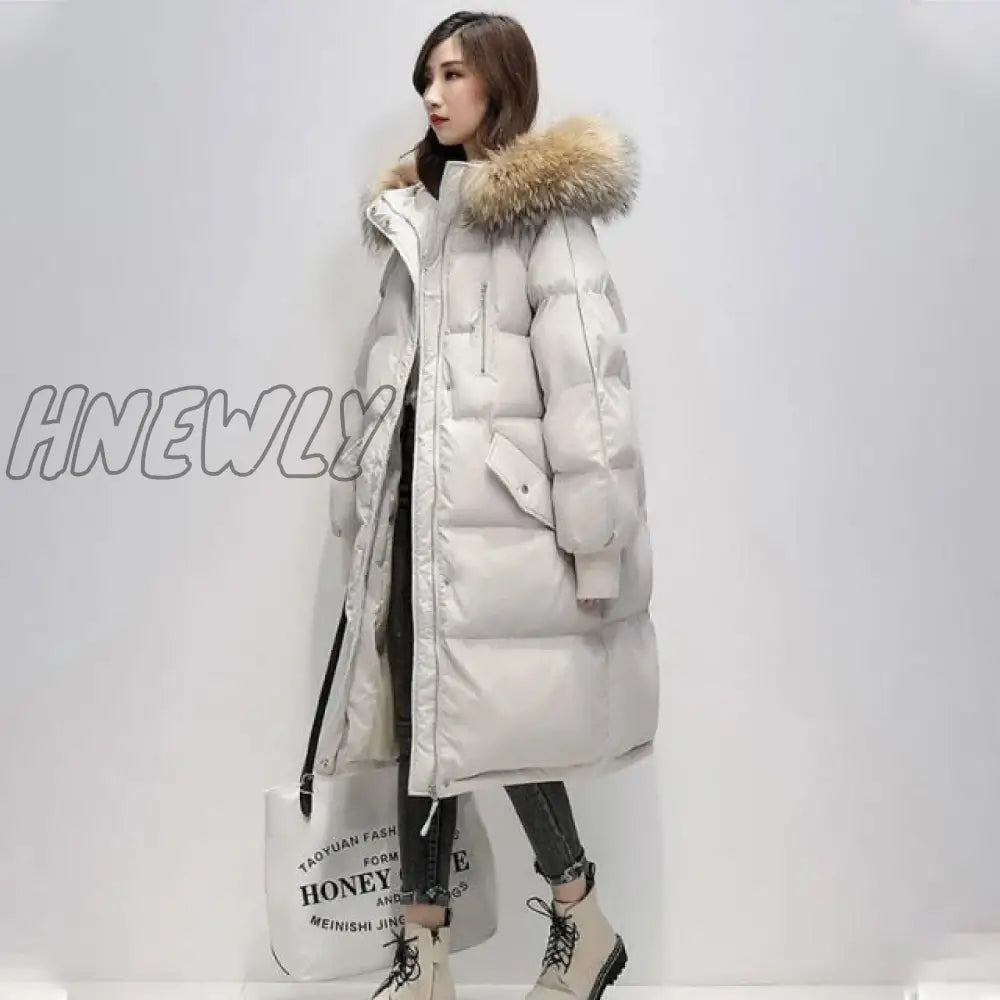 Women's Winter Long Puffer Jacket Padded Korean Style Large Faux Fur Collar Hooded Thicken Parka Warm Loose Women Down Coat