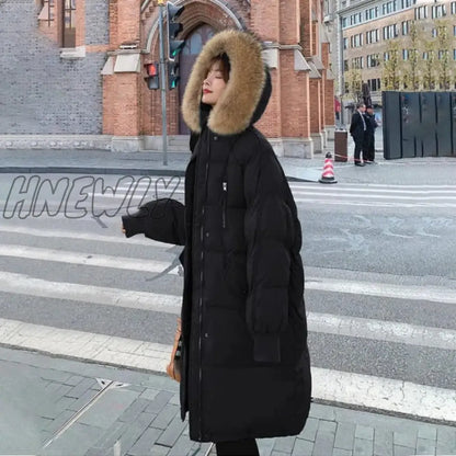 Women's Winter Long Puffer Jacket Padded Korean Style Large Faux Fur Collar Hooded Thicken Parka Warm Loose Women Down Coat