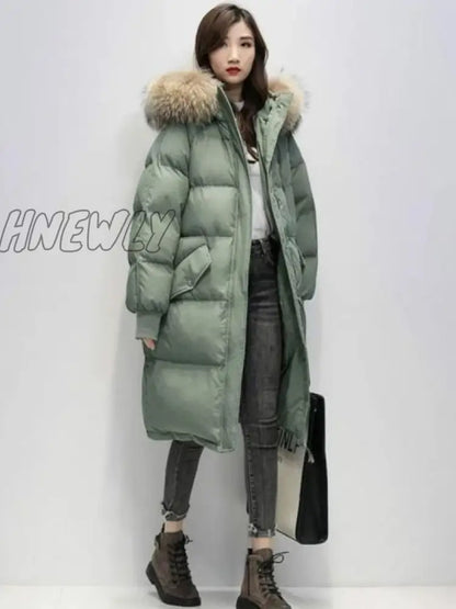 Women's Winter Long Puffer Jacket Padded Korean Style Large Faux Fur Collar Hooded Thicken Parka Warm Loose Women Down Coat