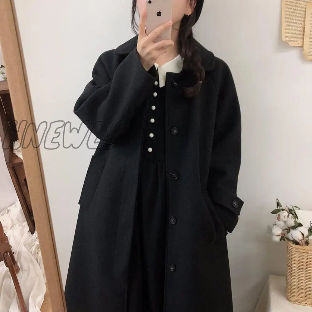 Woolen Coat Women's Mid-length Winter New Korean Style Loose and Thin Thickened Over-the-knee Woolen Coat Parkas