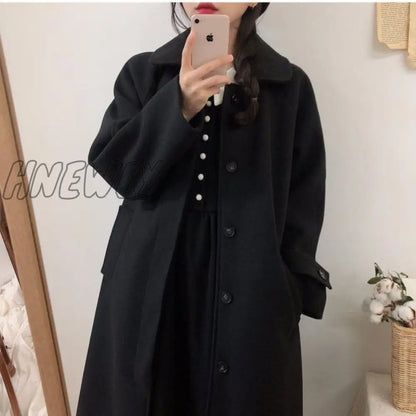 Woolen Coat Women's Mid-length Winter New Korean Style Loose and Thin Thickened Over-the-knee Woolen Coat Parkas