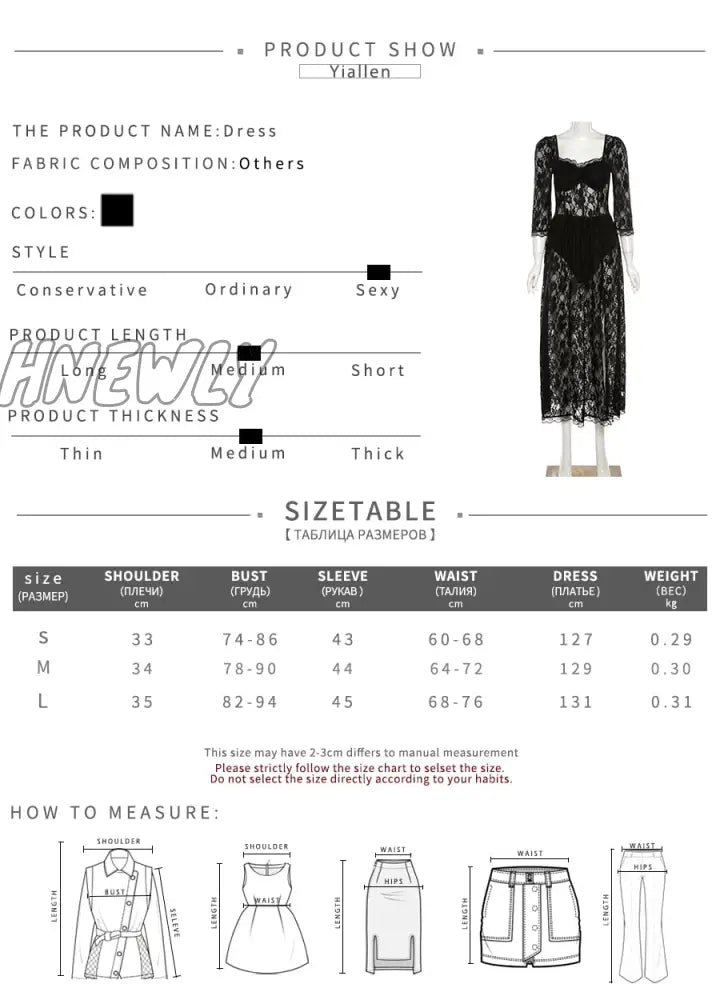 Y2k Fashion Party Vacation Beach Sexy Black Lace Long Dress Women's Spring Quarter Sleeve Mid-Calf Dresses Clubwear Valentines Day