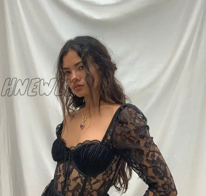 Y2k Fashion Party Vacation Beach Sexy Black Lace Long Dress Women's Spring Quarter Sleeve Mid-Calf Dresses Clubwear Valentines Day