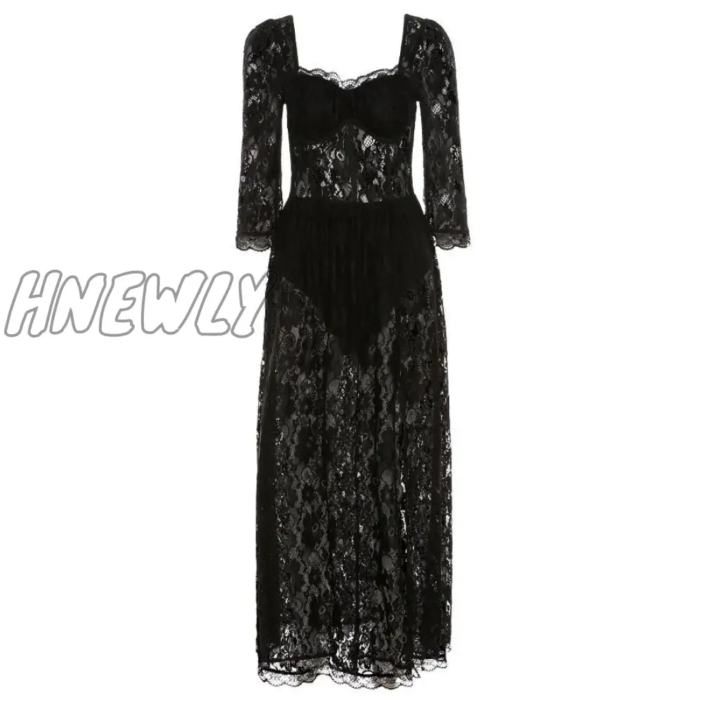 Y2k Fashion Party Vacation Beach Sexy Black Lace Long Dress Women's Spring Quarter Sleeve Mid-Calf Dresses Clubwear Valentines Day